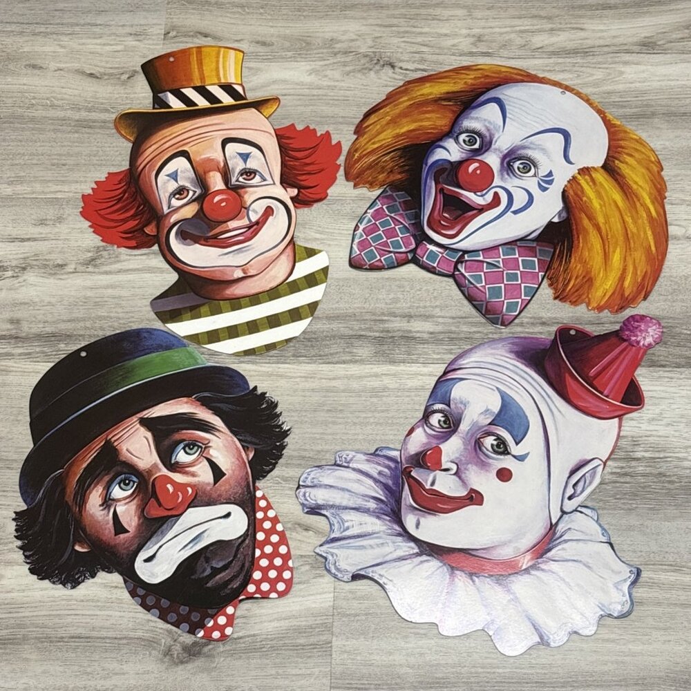 Vintage Beistle Die Cut Clown Faces Set Fun House Scary Halloween Circus  13"